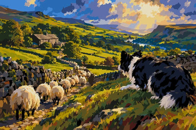 Sheepdog watching flock in rural landscape paint by numbers