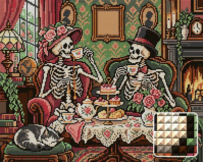 The Skeletons Tea Etiquette, 50x40 cm diamond painting – finished design preview with a close-up of square drills