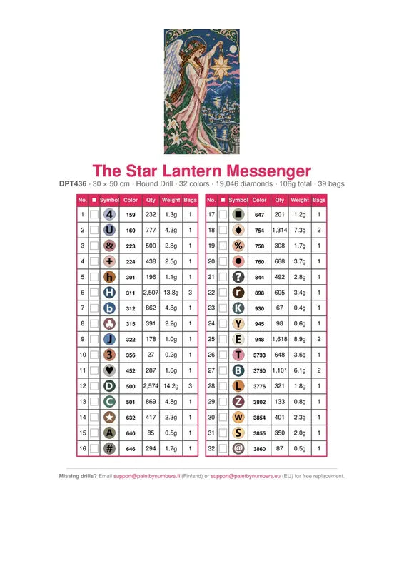 DMC color chart for The Star Lantern Messenger diamond painting - 32 colors