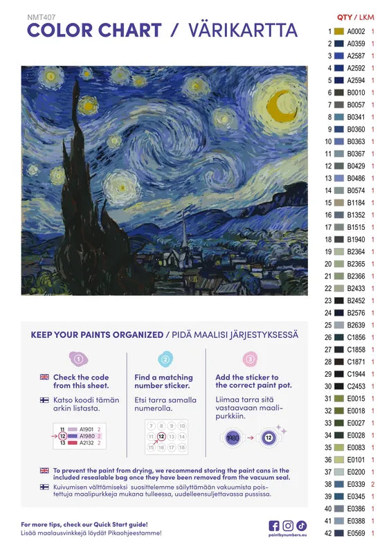 Paint color chart and instructions - The Starry Night 50x40cm