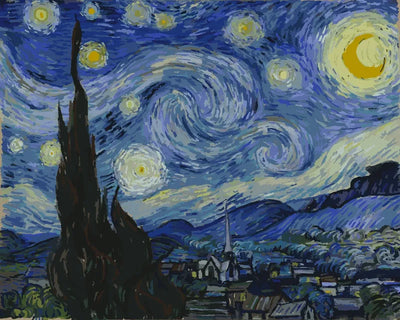 Paint by numbers of van Gogh's The Starry Night with swirling sky, crescent moon, cypress and village.