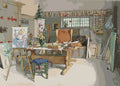 Miniatyrbild: Carl Larssons Ateljén med staffli, fåtölj och solrosor i ett ljust rum som måla efter nummer-motiv