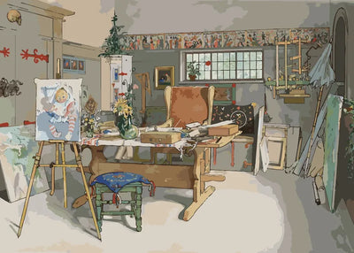 Carl Larssons Ateljén med staffli, fåtölj och solrosor i ett ljust rum som måla efter nummer-motiv