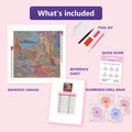 Thumbnail for What is included in the The Terracotta Meditation Steps diamond painting kit - adhesive canvas, reference sheet, tools and numbered drill bags