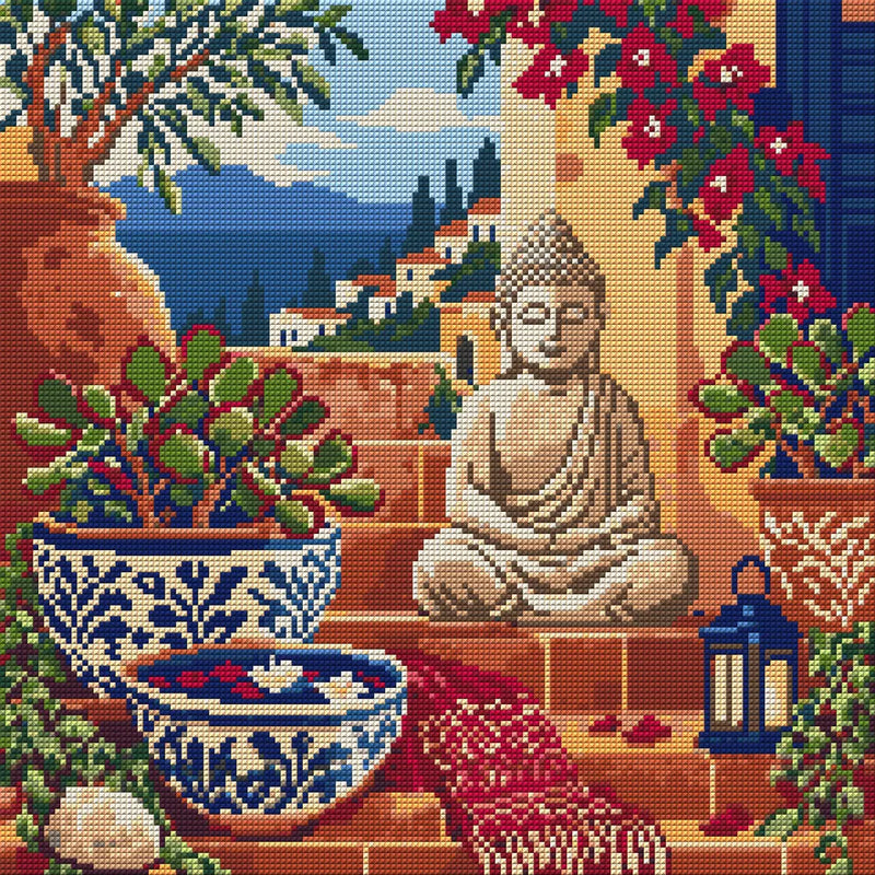 The Terracotta Meditation Steps, 40x40 cm diamond painting – full design preview without the close-up inset