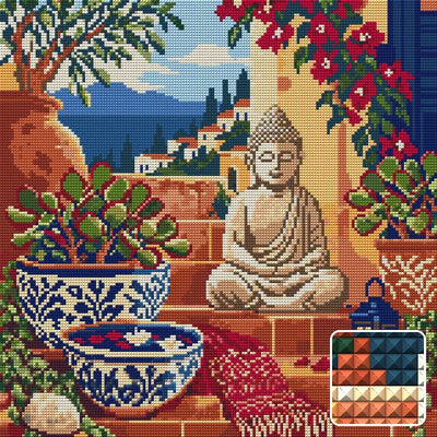 The Terracotta Meditation Steps, 40x40 cm diamond painting – finished design preview with a close-up of square drills