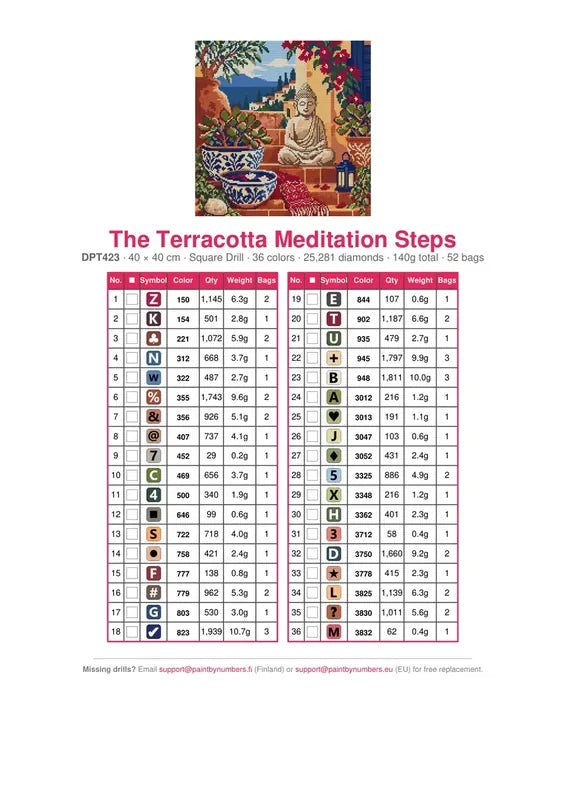 DMC color chart for The Terracotta Meditation Steps diamond painting - 36 colors