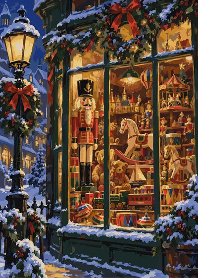 Toy shop window in snow paint by numbers, nutcracker and toys.