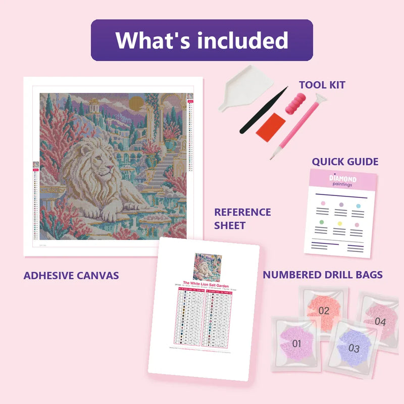 What is included in the The White Lion Salt Garden diamond painting kit - adhesive canvas, reference sheet, tools and numbered drill bags