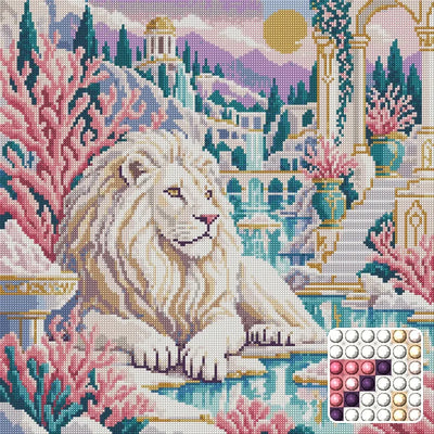 The White Lion Salt Garden, 50x50 cm diamond painting – finished design preview with a close-up of round drills