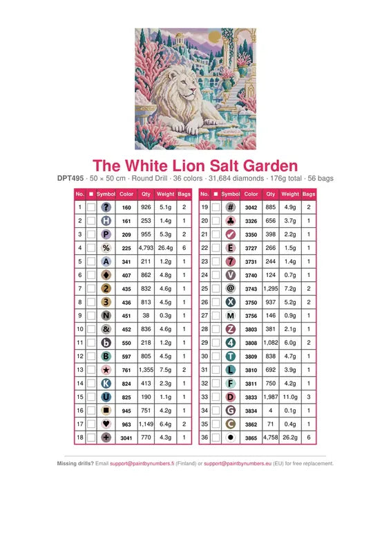 DMC color chart for The White Lion Salt Garden diamond painting - 36 colors