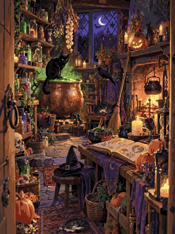 Black cat on cauldron in witch kitchen paint by numbers.