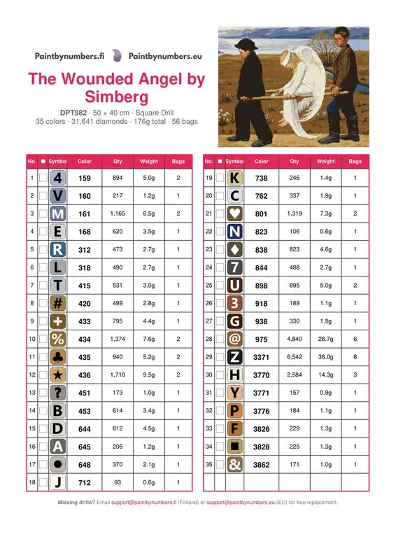 DMC color chart for The Wounded Angel by Simberg diamond painting - 35 colors