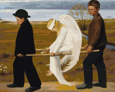 Paint by numbers of Simberg's The Wounded Angel: two boys carry a white-robed angel on a stretcher