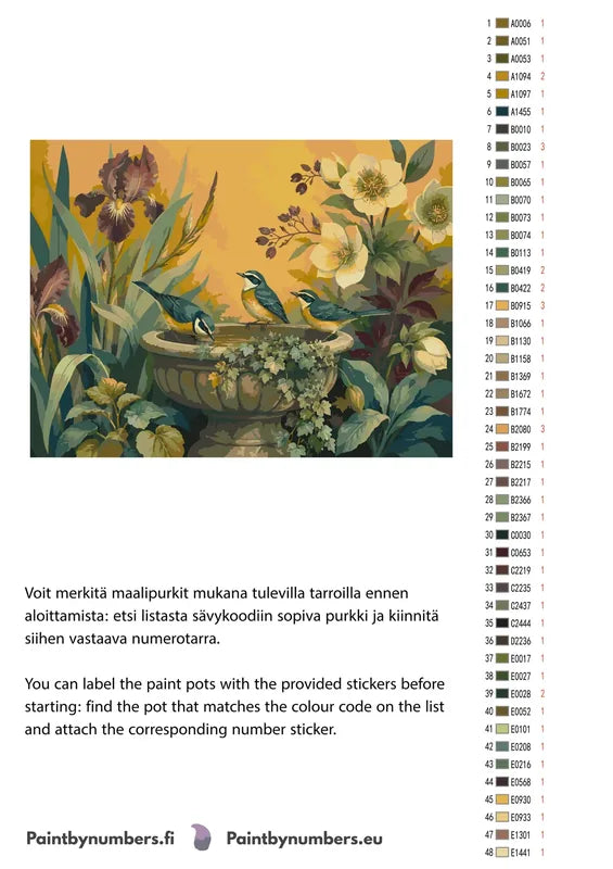 Paint color chart and instructions - Three Birds at Birdbath 80x60cm