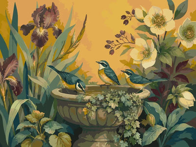 Three birds at a birdbath with large flowers, paint by numbers.