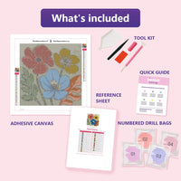 Thumbnail for Contents of the Three Flowers 30x30cm diamond painting kit: adhesive canvas, color chart, tools and diamond bags