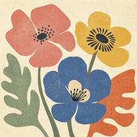 Thumbnail for Diamond painting of an arrangement of three colorful graphic flowers on a light background.