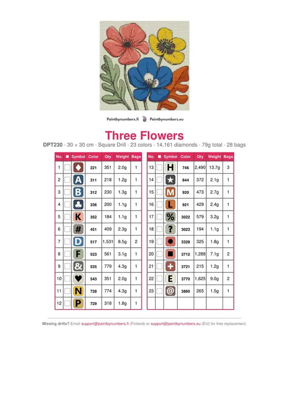 Three Flowers diamond painting color chart – 23 DMC colors