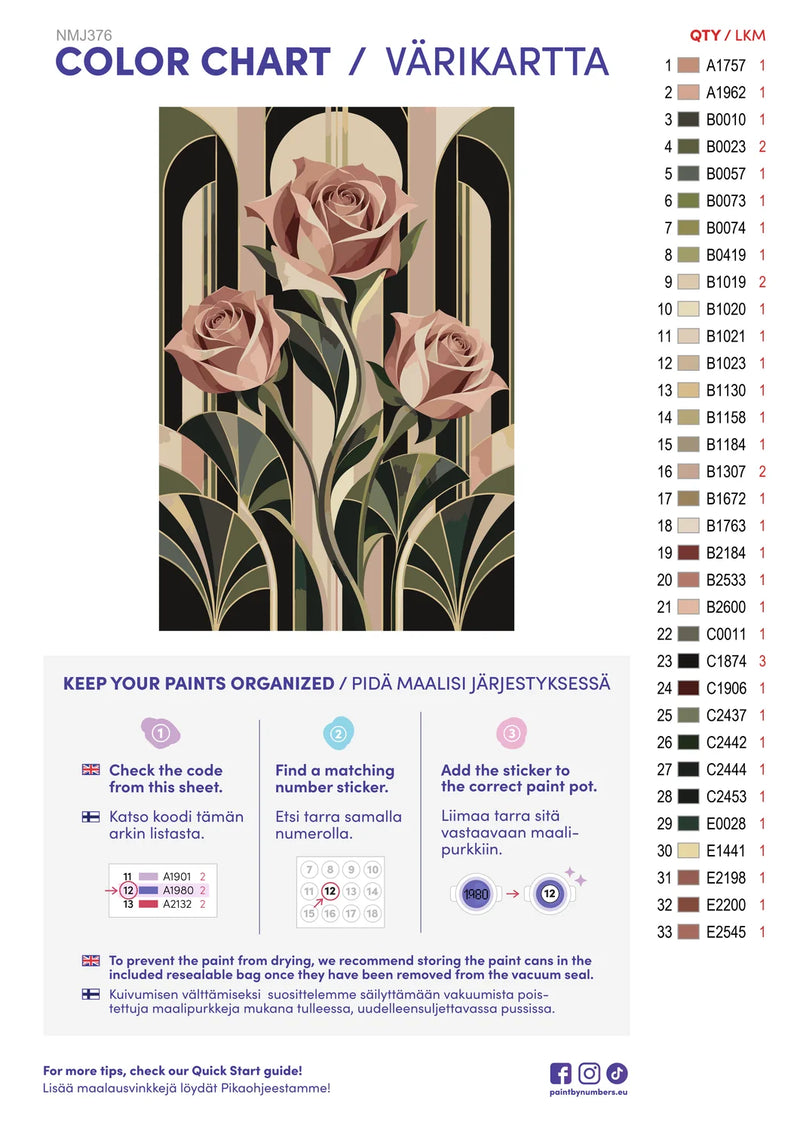 Färgkarta och instruktioner för Three Roses Art Deco