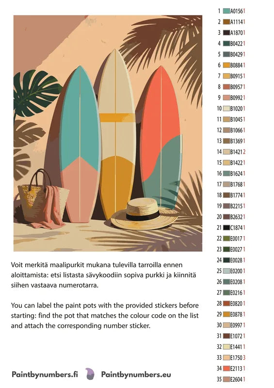 Paint color chart and instructions - Three Surfboards and Hat 40x50cm