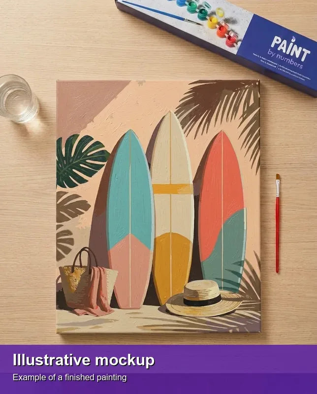 Finished paint by numbers mockup - Three Surfboards and Hat 40x50cm