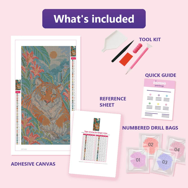What is included in the Tiger among the Ginger Lilies diamond painting kit - adhesive canvas, reference sheet, tools and numbered drill bags
