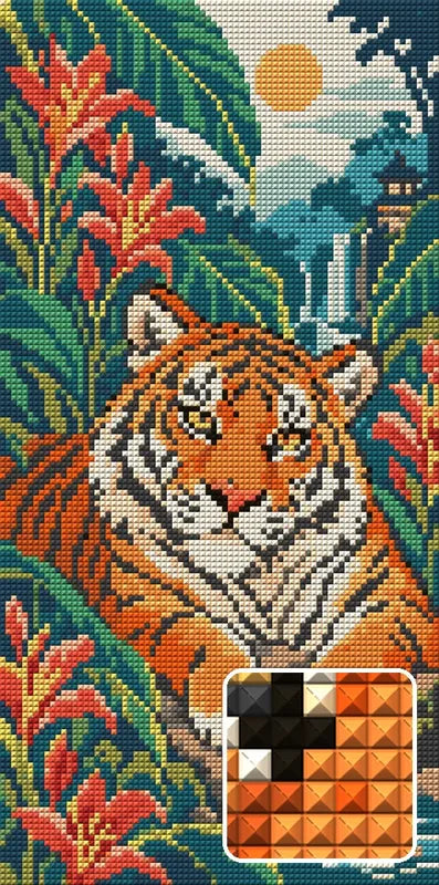 Tiger among the Ginger Lilies, 20x40 cm diamond painting – finished design preview with a close-up of square drills