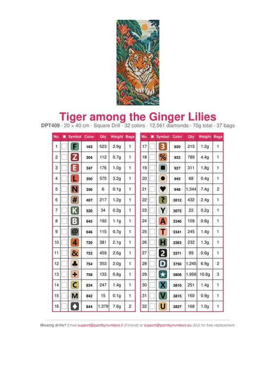 DMC color chart for Tiger among the Ginger Lilies diamond painting - 32 colors