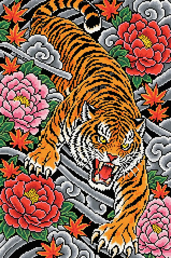 Tiger and Peony Tattoo, 40x60 cm diamond painting – finished design preview