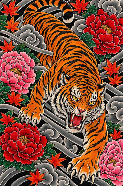 Tiger and Peony Tattoo, 40x60 cm diamond painting – original artwork the design is made from