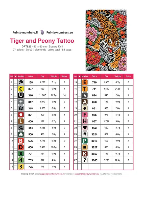 DMC color chart for Tiger and Peony Tattoo diamond painting - 27 colors