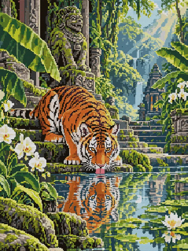 Tiger at the Temple Pool, 60x80 cm diamond painting – full design preview without the close-up inset