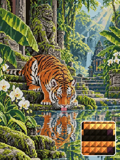 Tiger at the Temple Pool, 60x80 cm diamond painting – finished design preview with a close-up of square drills