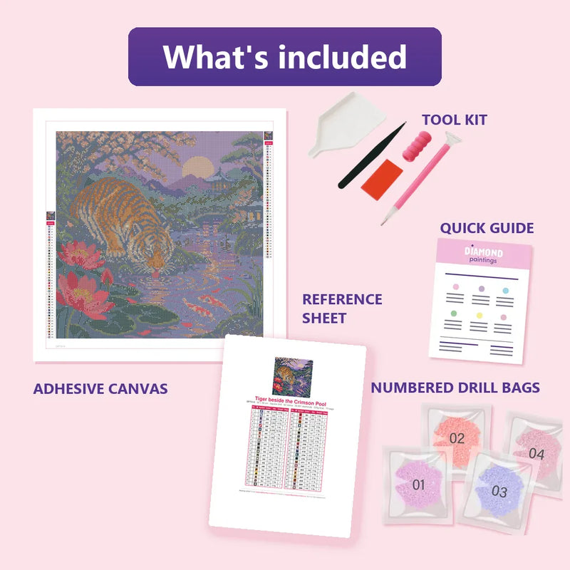 What is included in the Tiger beside the Crimson Pool diamond painting kit - adhesive canvas, reference sheet, tools and numbered drill bags