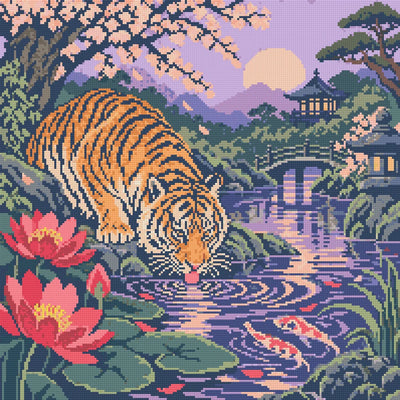 Förhandsbild av diamantmönstret: tiger som dricker bland näckrosor med körsbärsblommor, bro och pagoder bakom