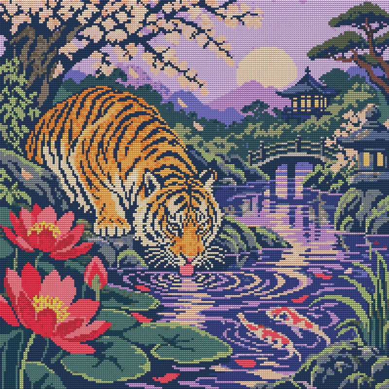 Tiger beside the Crimson Pool, 50x50 cm diamond painting – full design preview without the close-up inset