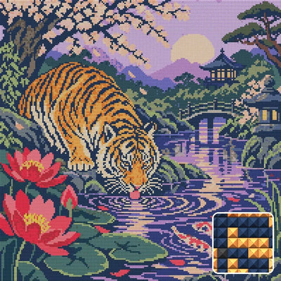 Tiger beside the Crimson Pool, 50x50 cm diamond painting – finished design preview with a close-up of square drills