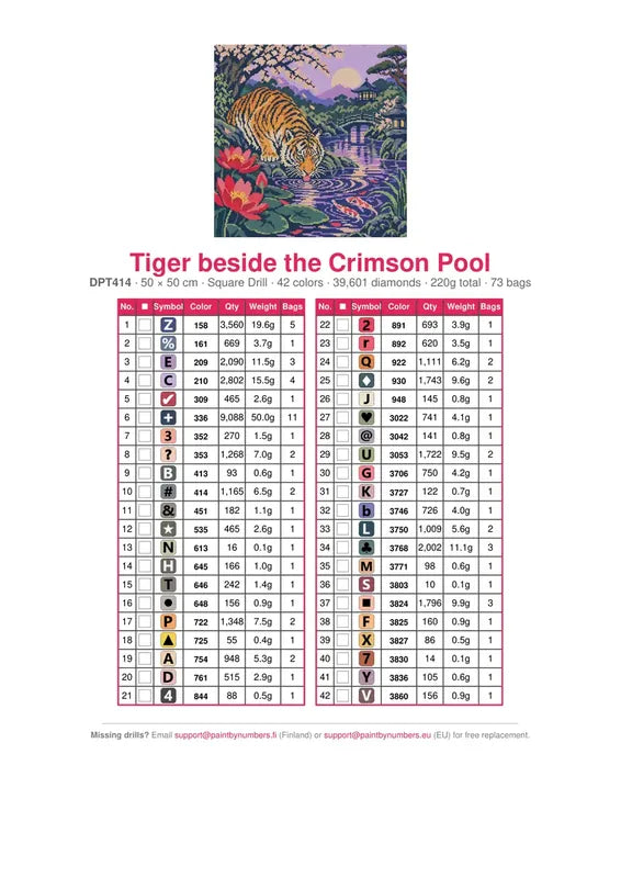 DMC color chart for Tiger beside the Crimson Pool diamond painting - 42 colors