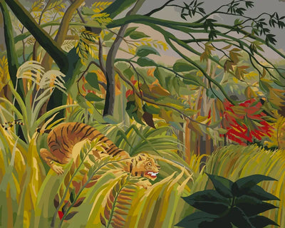 Paint by numbers of Rousseau's tiger crouching in storm-bent jungle grass under a grey sky.
