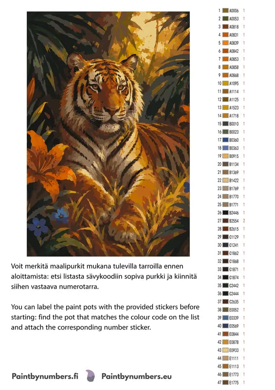 Paint color chart and instructions - Tiger in Jungle 40x60cm