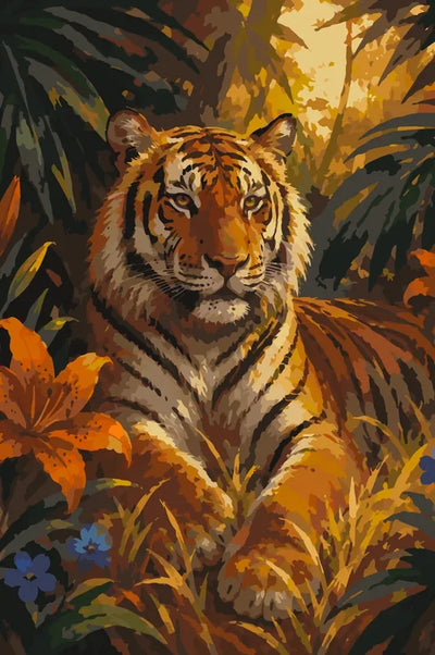 Tiger in jungle paint by numbers, orange fur and green foliage