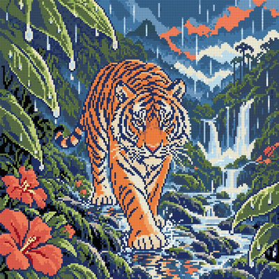 Förhandsbild av diamantmönstret: tiger som kliver fram i regnskog med röda blommor, blå vattenfall och rosa moln