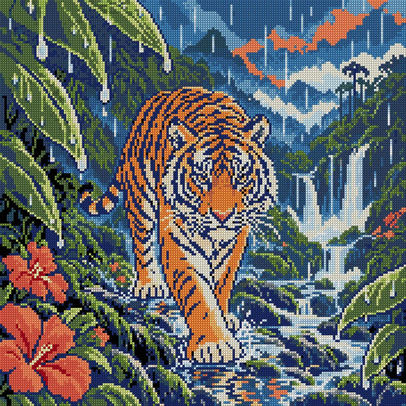 Tiger in the Monsoon Clearing, 50x50 cm diamond painting – full design preview without the close-up inset