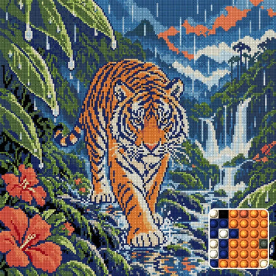 Tiger in the Monsoon Clearing, 50x50 cm diamond painting – finished design preview with a close-up of round drills