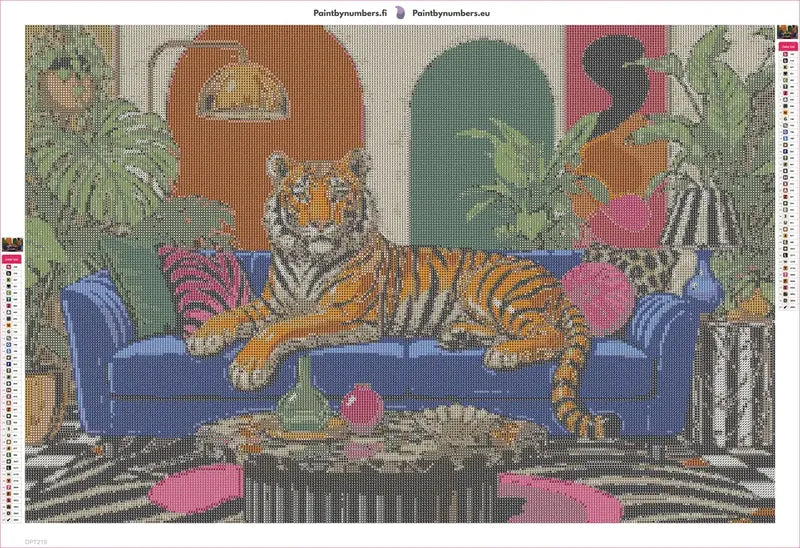 Diamond painting adhesive canvas preview - Tiger on Sofa