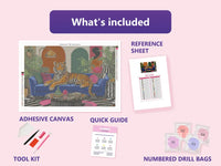 Thumbnail for What is included in the Tiger on Sofa diamond painting kit - adhesive canvas, reference sheet, tools and numbered drill bags