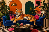 Thumbnail for Diamond Painting featuring a tiger lounging on a blue sofa in a colorful living room.