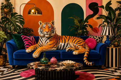 Diamond Painting featuring a tiger lounging on a blue sofa in a colorful living room.
