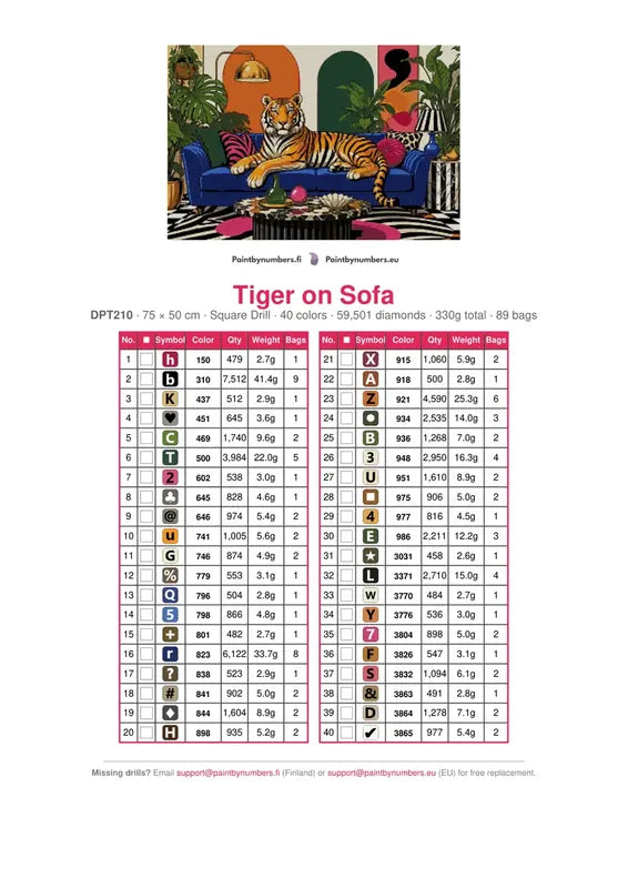 DMC color chart for Tiger on Sofa diamond painting - 40 colors